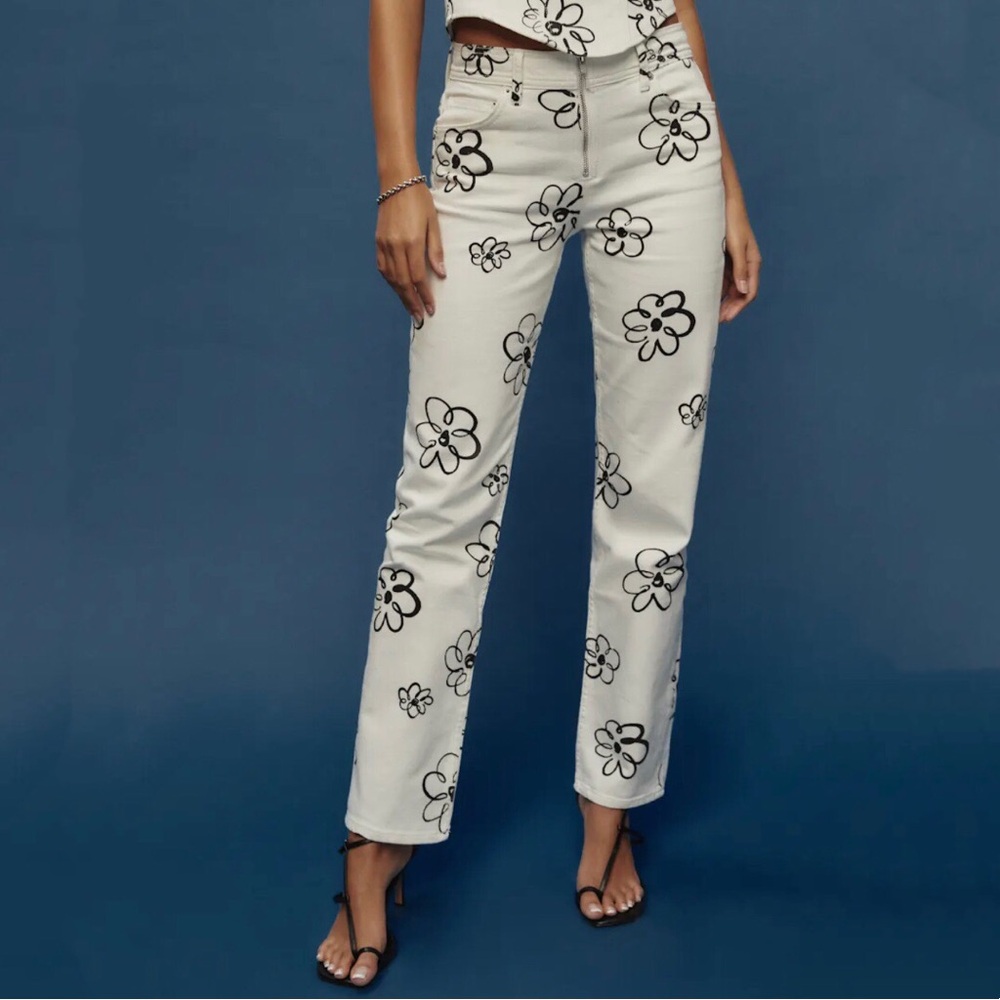 Reformation Julianna Organic Cotton Zip Straight Mid Rise White Black Flower 26